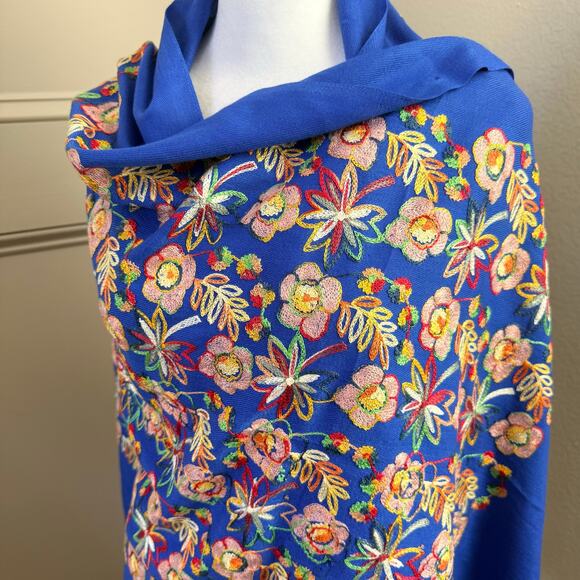 Embroidered Floral Royal Blue Shawl Wrap with Fringe Vibrant Boho Festival - Picture 2 of 9